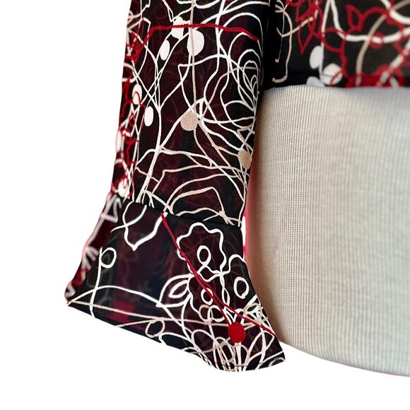 Vintage Long Sleeve Shirt Medium Red Black Sheer Flowy Business Casual Indie - Picture 3 of 7